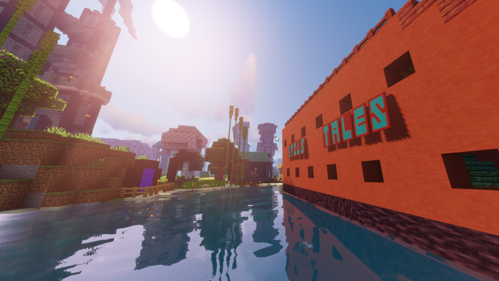 Image of Minecraft videogame play showing the Sails and Tales Mail Barge in Hypertown on the Hypermine SMP server.